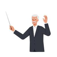 Conductor leading an orchestra with enthusiasm in flat art vector