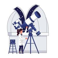 Scientist operating telescope in observatory with minimalistic flat design art vector