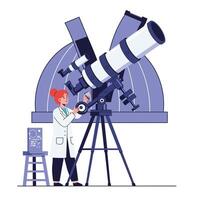 Astronomer adjusting telescope in minimal flat design illustration vector