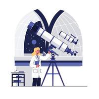 Astronomer using telescope in observatory flat illustration vector