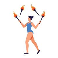 Juggler performing with flaming torches in a flat illustration style vector