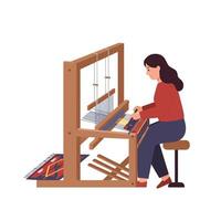 Weaver creating intricate textile patterns in flat design art vector