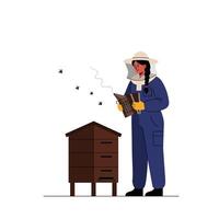 Beekeeper tending to hive with smoke in flat art style vector