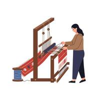 Weaver working on traditional loom in flat design style art vector