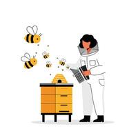 Beekeeper tending to hive with bees in a flat and colorful illustration vector