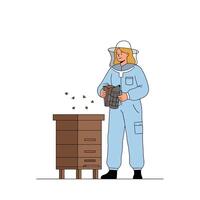 Beekeeper in protective suit interacting with bees in flat illustration vector