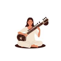 Woman playing a sitar in a calm pose, minimal design illustration vector