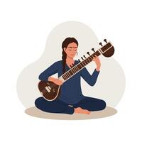 Woman playing a sitar in a calm pose, minimalistic and modern illustration vector