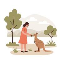 Woman feeding kangaroo in a natural setting with minimalistic design art vector