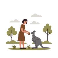Woman feeding kangaroo in a natural setting with minimal design illustration vector