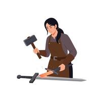 Blacksmith crafting a sword with a hammer in flat art vector