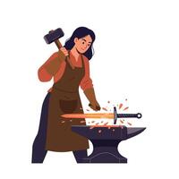 Blacksmith forging a sword with hammer in flat art style vector