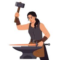 Blacksmith forging a sword with hammer in flat art style illustration vector
