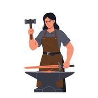 Blacksmith working on a sword with hammer in detailed art vector