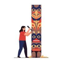 Woman carving intricate designs on a totem pole in flat art vector