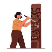 Artisan carving detailed totem pole in flat art style showcasing craftsmanship and tradition vector