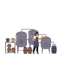 Brewing process with barrels and tanks in flat art style vector