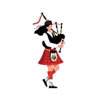 Bagpiper in traditional attire playing music in flat art style illustration vector