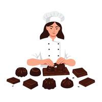 Chocolate chef creating desserts in flat design style illustration vector