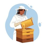 Beekeeper inspecting honeycomb frames in flat minimal art vector