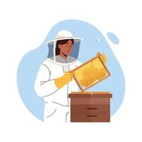 Bee Keeper Inspecting Honeycomb Frame in Flat Minimal Art vector