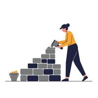 Construction worker stacking bricks in a minimal flat design illustration vector