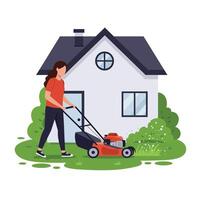 Woman mowing lawn in front of house with flat design art and vector