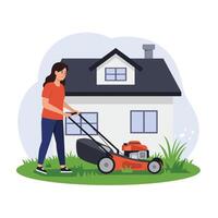 Woman mowing lawn in front of house with flat and asd design art vector