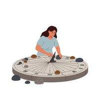 Woman interacting with sundial design in flat art style showcasing time and nature elements illustration vector