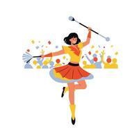 Cheerleader performing dynamic dance with baton in flat art style vector