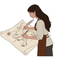 Woman drawing on a vintage map with a feather quill in flat art vector
