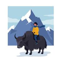 Young rider in yellow jacket on a yak against mountain backdrop in flat art vector