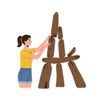 Girl stacking wooden blocks in playful pose using flat art vector