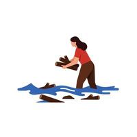 Person collecting logs from water in flat and colorful art vector