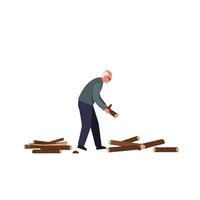 Elderly man chopping wood in flat and minimal style art vector
