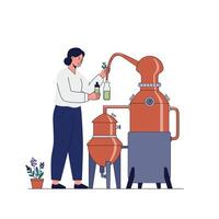 Woman operating a distillation apparatus in a flat, minimal illustration vector
