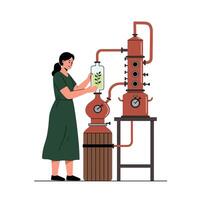 Woman operating a distillation apparatus in a minimal flat illustration vector