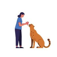 Person feeding a cheetah in a flat and colorful illustration vector