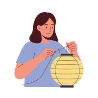 Woman creating a decorative paper lantern in flat art style vector