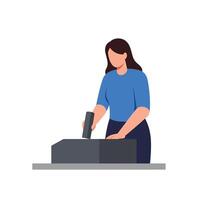 Woman using a tool to work on a project in flat art vector