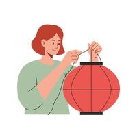 Person crafting a red lantern with minimal flat design art vector