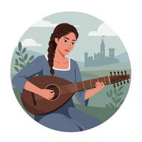Woman playing a lute in a flat style art illustration with a castle background vector
