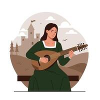 Woman playing a lute in a medieval scene with flat art vector