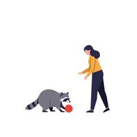 Raccoon playing with a red ball in a flat illustration style vector