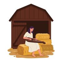Woman playing string instrument in barn setting, flat design illustration vector