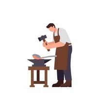 Blacksmith working at forge with hammer in flat illustration vector