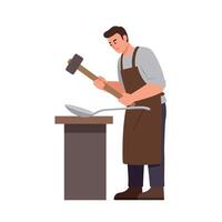 Blacksmith shaping a spoon with a hammer in flat art style vector