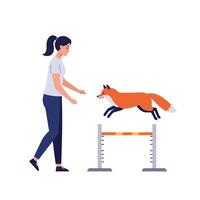 Fox jumping over a hurdle with trainer in flat art style vector