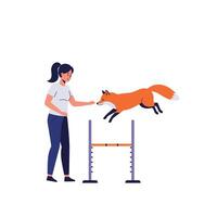 Fox jumping over a hurdle with trainer in flat illustration vector