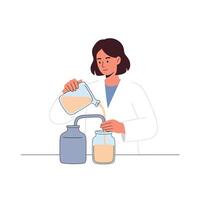 Scientist pouring liquid from one container to another in minimal illustration vector